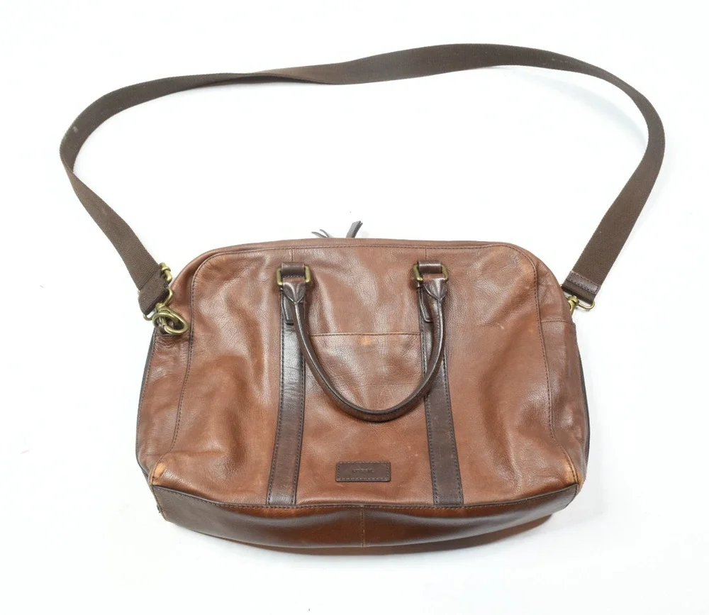 Fossil Evans Workbag Brown Leather Shoulder Strap Adjustable Commuter Travel